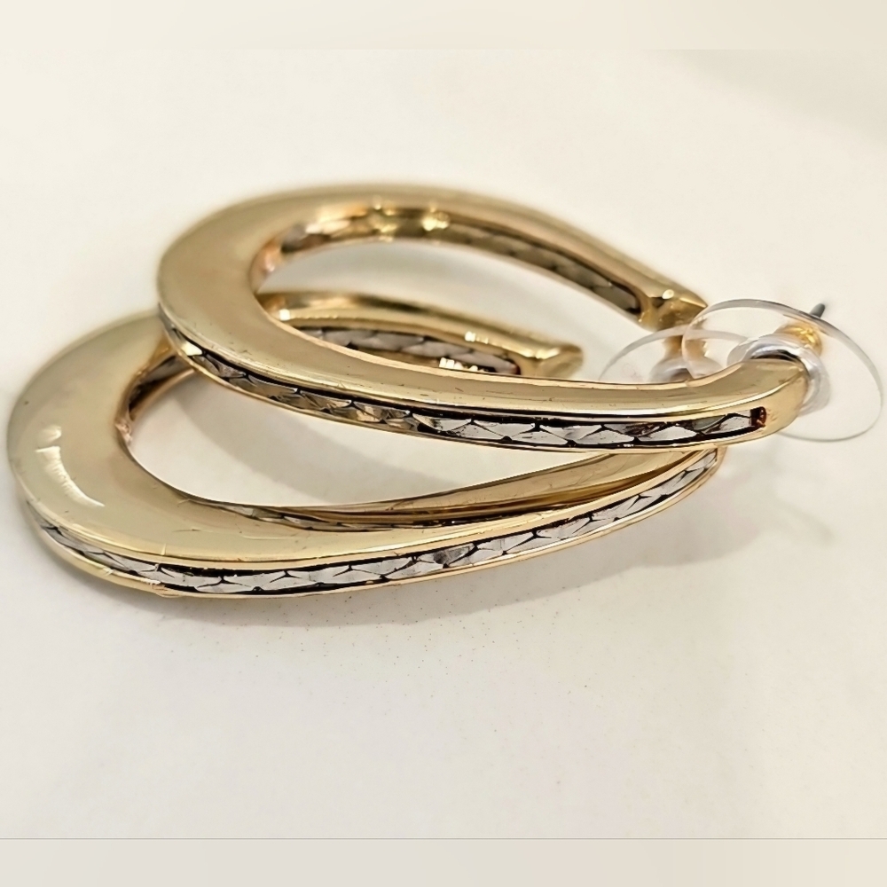 Chico's Gold‎ and Silver Diamond-Cut Oblong Hoop Earrings